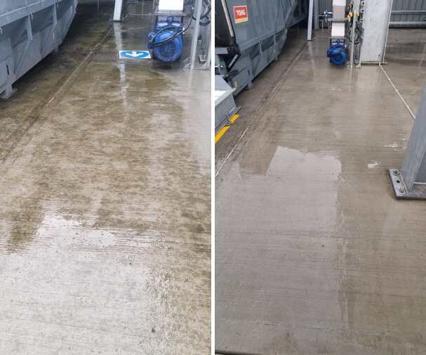 high pressure jet washing of concrete exterior of factory